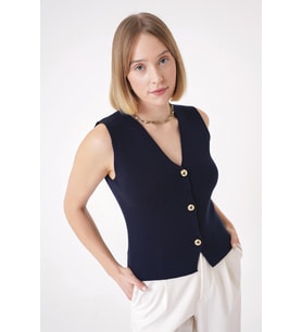 Chuba Kadın Gold Düğmeli Dokulu Regular Fit Triko Yelek Lacivert 25W3001