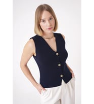Chuba Kadın Gold Düğmeli Dokulu Regular Fit Triko Yelek Lacivert 25W3001