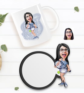 BK Gift Kişiye Özel Kadın Tenis Oyuncusu Karikatürlü Beyaz Kupa ve Ahşap Bardak Altlığı Hediye Seti-1