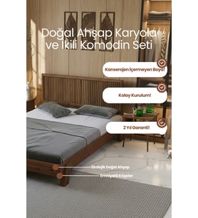 Alaz Model Dikey Başlıklı Masif Ahşap Karyola ve 2 Adet Komodin Kolay Kurulum Fırınlanmış İthal Sibirya Çamı 90x190 Yatak Uyumlu 2 Adet Komodin