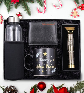 Yılbaşına Özel  Suni Deri Erkek Cüzdan & Özel Kılıflı 500Ml Su Matarası & Happy New Year Kupa & Retro Şarjlı Saç-Sakal Kesme Tıraş Makinesi  Hediye Seti
