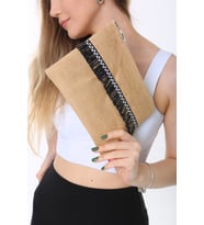 Baghashtag Siyah İp Püsküllü Jüt Clutch Bez Çanta (Kahverengi)