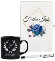 Kişiye Özel Olarak Hazırlanmış Beyaz Defter Siyah Kupa Kalem Hediye Seti