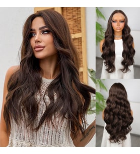 Koyu Kumral Dalgalı Fiber Sentetik Tül Peruk