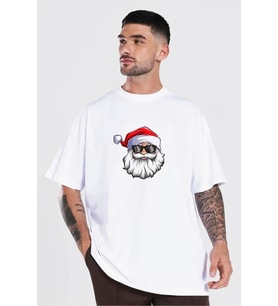 Yılbaşı Gözlüklü Noel Baba Baskılı Kısa Kollu Oversize Bisiklet Yaka T-shirt - Beyaz