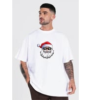 Yılbaşı Gözlüklü Noel Baba Baskılı Kısa Kollu Oversize Bisiklet Yaka T-shirt - Beyaz