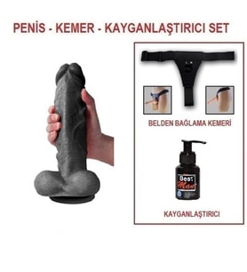 LilituShop 27 cm Belden Bağlamalı Realistik Dildo Siyah Penis Set