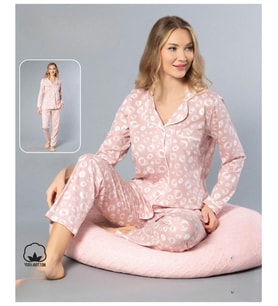 Melodi Kadın Standart Kalıp %100 PAMUK Önden Düğmeli Uzun Kol Baharlık Pijama Takımı 16147- 1 Adet (Pembe)