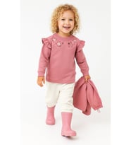 Fırfırlı Yakası Çiçek Nakışlı 2 İplik Uzun Kol Kız Çocuk Sweatshirt (Pembe)