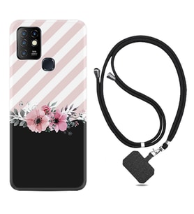INFINIX Hot 8 9 10 11S Hot 10 Play 10T Kılıf Boyun Askılı Silikon Strip Pink Flowers 1396
