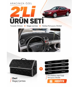 MERCEDES W208-C208 CLK (1997-2002) Uyumlu Torpido Örtüsü + Deri Bagaj Çantası + Sticker Seti - Siyah Gri