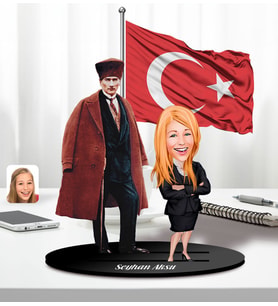 BK Gift Kişiye Özel Atatürk ve Kadın Öğretmen Temalı 2 Katmanlı Karikatürlü Ahşap Biblo- 2, Öğretmene Hediye, Öğretmenler Günü, 100. Yıl Hediyesi