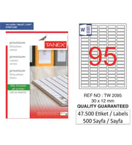 Tanex Lazer Etiket tw-2095 500 A4 Sayfa Laser Etiket 30x12 mm Boyutunda 1 A4 Sayfada 95 Etiket