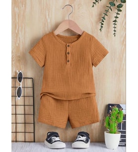 Unisex Bebek&Çocuk %100 Pamuklu Düğmeli Müslin Alt Üst Şort Takım-Tarçın