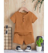 Unisex Bebek&Çocuk %100 Pamuklu Düğmeli Müslin Alt Üst Şort Takım-Tarçın