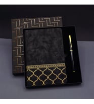 Gold Desen Siyah Deri Defter Kalem Set