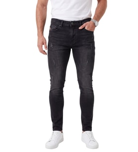 DeepSEA Erkek Slim Fit %98 Pamuk Likralı Taşlanmış Yıpratma Detaylı Siyah Kot Pantolon 2600041