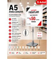 5 Adet - A5 Ayaklı Çerçeve Seti Plastik Ördek Ayak Teleskopik Borulu Fiyat Etiketliği Yönlendirme Levhası Menü Panosu Beyaz