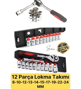 Premium 12 Parça Lokma Anahtar Takımı Cırcırlı Seti Standlı Otomatik Ayarlı Kilitli Mandallı Somun