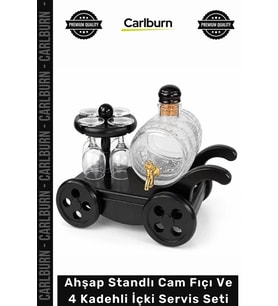 Özel Üretim Lüks Dekoratif El Yapımı Sunum Ahşap Standlı Cam Fıçı 4 Kadehli İç Servis Seti