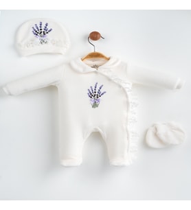 Kız Bebek Yeni Doğan LAVANTA NAKIŞLI3 Parça Hastane Çıkışı Tulum Seti , DOĞUM HEDİYESİ (Ekru)