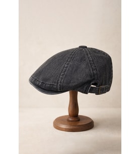 Stonewash Flat Cap Şapka – Ayarlanabilir Tokalı Newsboy Cap - Vintage Coal (Siyah)