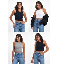 Kadın Siyah-Beyaz-Gri-Lacivert Fitilli Görünümlü Askılı Kalın Esnek Örme 4'lü Basic Crop Atlet Bluz