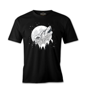 A Wolf Looking to the Stars at Night Siyah Erkek Tshirt