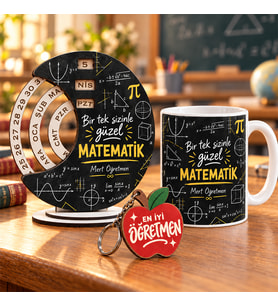Kişiye Özel İsimli Matematik Öğretmeni 3'lü Hediye Seti - Bir Tek Sizinle Güzel Matematik Sonsuz Takvim, Kupa Bardak ve Anahtarlık