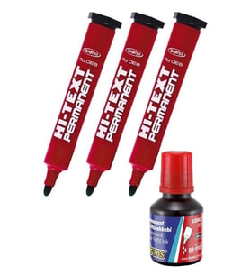Kırmızı Yuvarlak Uçlu Markör Permanent Kalem 3 Adet Hı-Text Marker Mürekkep Kırmızı 30 Ml 1 Adet Brons Koli Kalemi