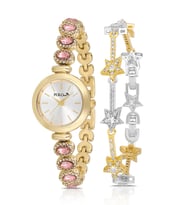 Polo Air Lüx Taşlı Kordon Kadın Kol Saati Yıldız Bileklik Kombin Gold Pembe Renk PL-1574B4 (Pembe-Altın)