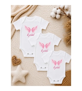 Kişiye Özel Kız Bebek Body – Pembe Melek Kanadı Temalı İsimli Kısa Kollu Bebek Zıbını