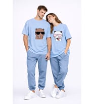 Sevgili Çift Tişört Panda Karakter Baskılı Partner Kombini Oversize Unisex Stil (Mavi)