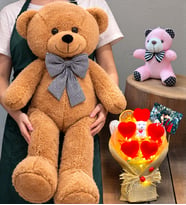 Kahve Büyük Peluş Ayıcık, Kişiye Özel Fotoğraflı Led Işıklı Buket ve Anahtarlık Seti (Model 5)