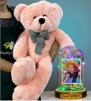 Sizlere Özel Tasarım Renkli Işıklı Fanus ve Büyük Boy Peluş Ayıcık Hediye Seti