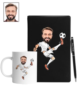 Kişiye Özel Futbolcu Tasarımlı Karikatür Siyah Defter Kalem Kupa Seti 116