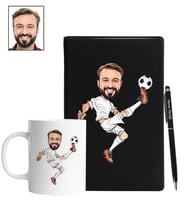 Kişiye Özel Futbolcu Tasarımlı Karikatür Siyah Defter Kalem Kupa Seti 116