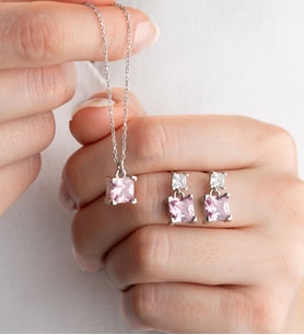 925 Ayar Gümüş Baget Taşlı Kolye Küpe Seti (Pembe)
