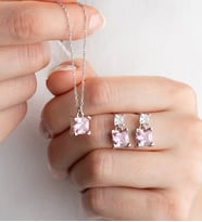 925 Ayar Gümüş Baget Taşlı Kolye Küpe Seti (Pembe)
