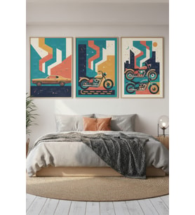 Retro Araba ve Motosiklet 3’lü Ahşap Çerçeveli Tablo Seti - Geometrik Modern Duvar Dekoru