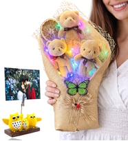 Kişiye Özel Büyük Boy Renkli Led Işıklı Kahve Ayıcık Buketi (Baykuşlu)