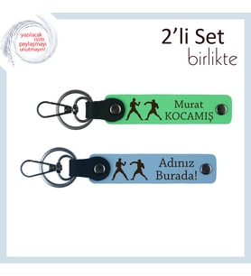 Yumruk Atan Kalplere Hediye, Dövüş Temalı, Kişisel Yazılı Anahtarlık Seti, Fıstık Yeşil-Gök Mavi
