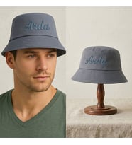 BK Gift Kişiye Özel İsim Nakışlı Unisex Bucket Şapka Mavi Pamuk Gabardin Kumaş Yazlık Şapka