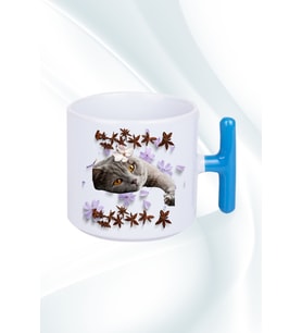 Sevimli Kedi Baskılı T Saplı Kupa Bardak Porselen Çay Kahve Fincanı