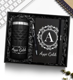 Kişiye Özel Siyah 300 ML Kristal Termos & Defter & Kalem Hediye Seti