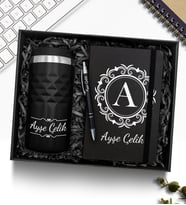 Kişiye Özel Siyah 300 ML Kristal Termos & Defter & Kalem Hediye Seti