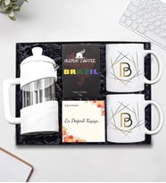 Kişiye Özel Gold Harf Tasarım 2'li Kupa & Beyaz French Press & Alerya Braziil Filtre Kahve Hediye Seti