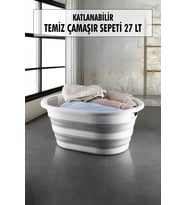 Katlanabilir Silikon Çamaşır Sepeti & Akordiyon Katlanır Sepet 27 Lt (Beyaz-Gri)