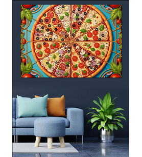 Dilimlenmiş Büyük Malzemeli Pizza Dekoratif Kanvas - Mdf Ahşap Tablo