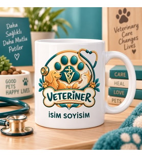 Veteriner Kupa Bardak Kedi Köpek Pati ve Stetoskop Desenli